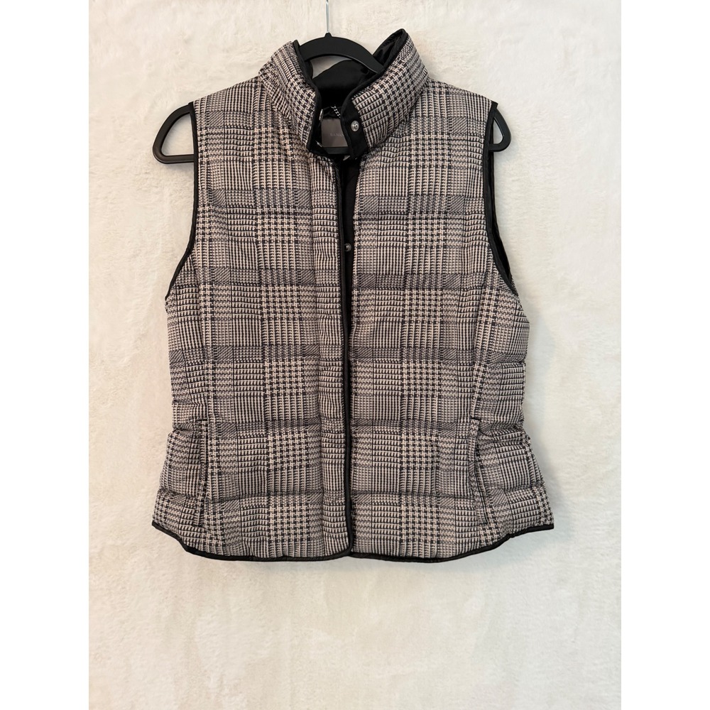 Banana Republic Womens Glen Plaid Puffer Vest Black White Down Fill Small 686408